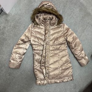 Guess - Champagne/Taupe Mid-length Down Puffer Coat w/Removable Fur-Lined Hood
